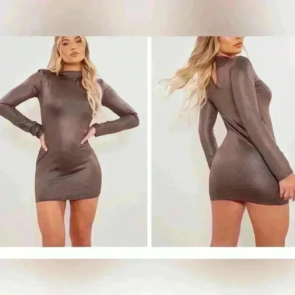 Prettylittlething chocolate shiny long sleeve high neck mini dress sz 0‎ XS NWT